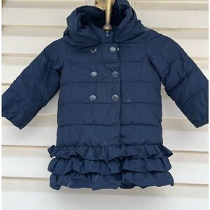 Baby Gap dark blue hooded coat,double breasted,ruched hemline,quilted pattern 3T